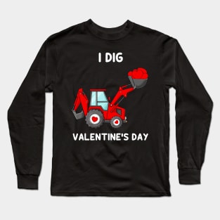 Kids I Dig Valentines Day Hearts Tractor Funny Toddler Boys Long Sleeve T-Shirt